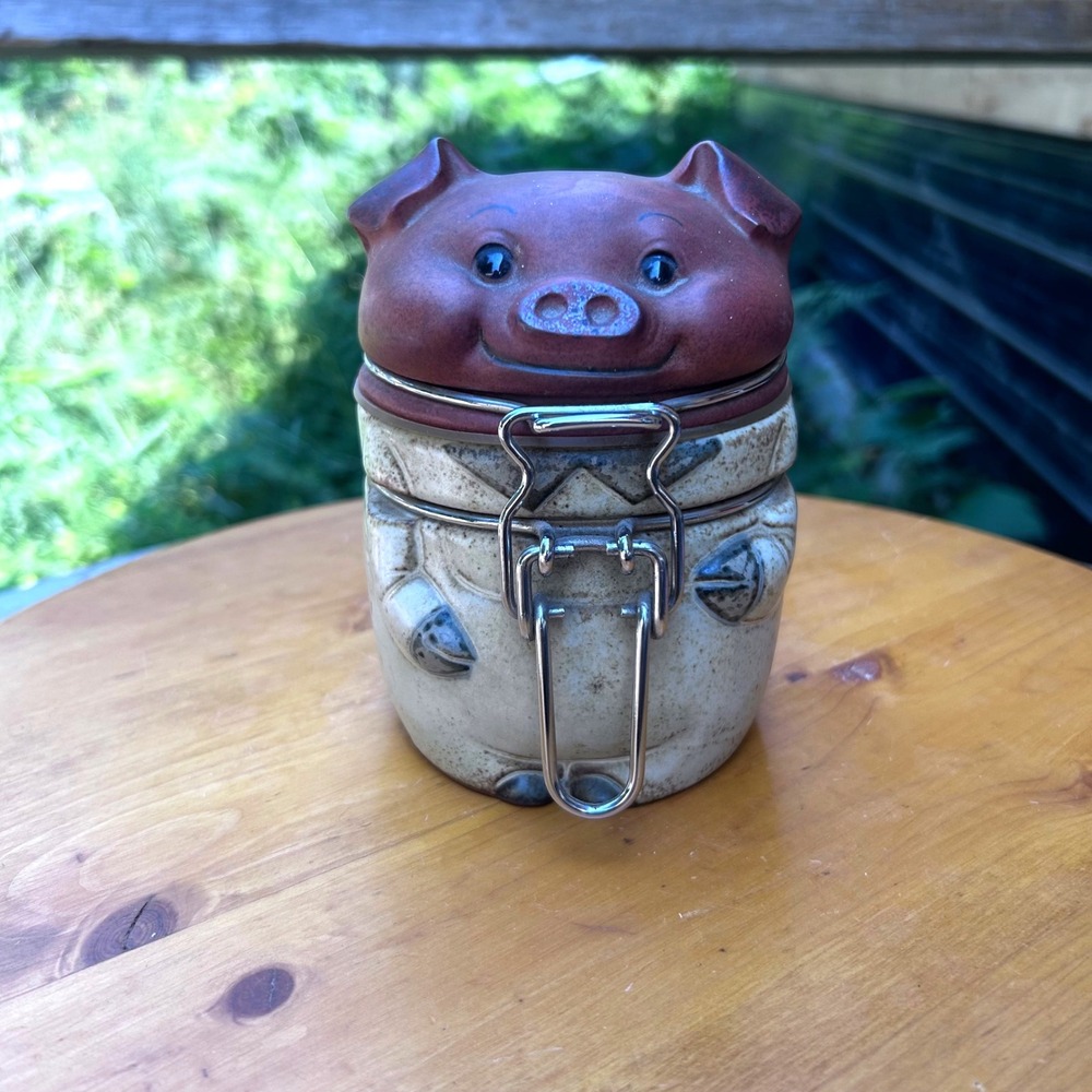 Vintage Pig Canister Jar Brown Cream Stoneware MCM Retro Kitchen Decor UCTCI